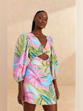 FARM Rio Beach Vibe Linen Printed Cutout Mini Dress Size XL